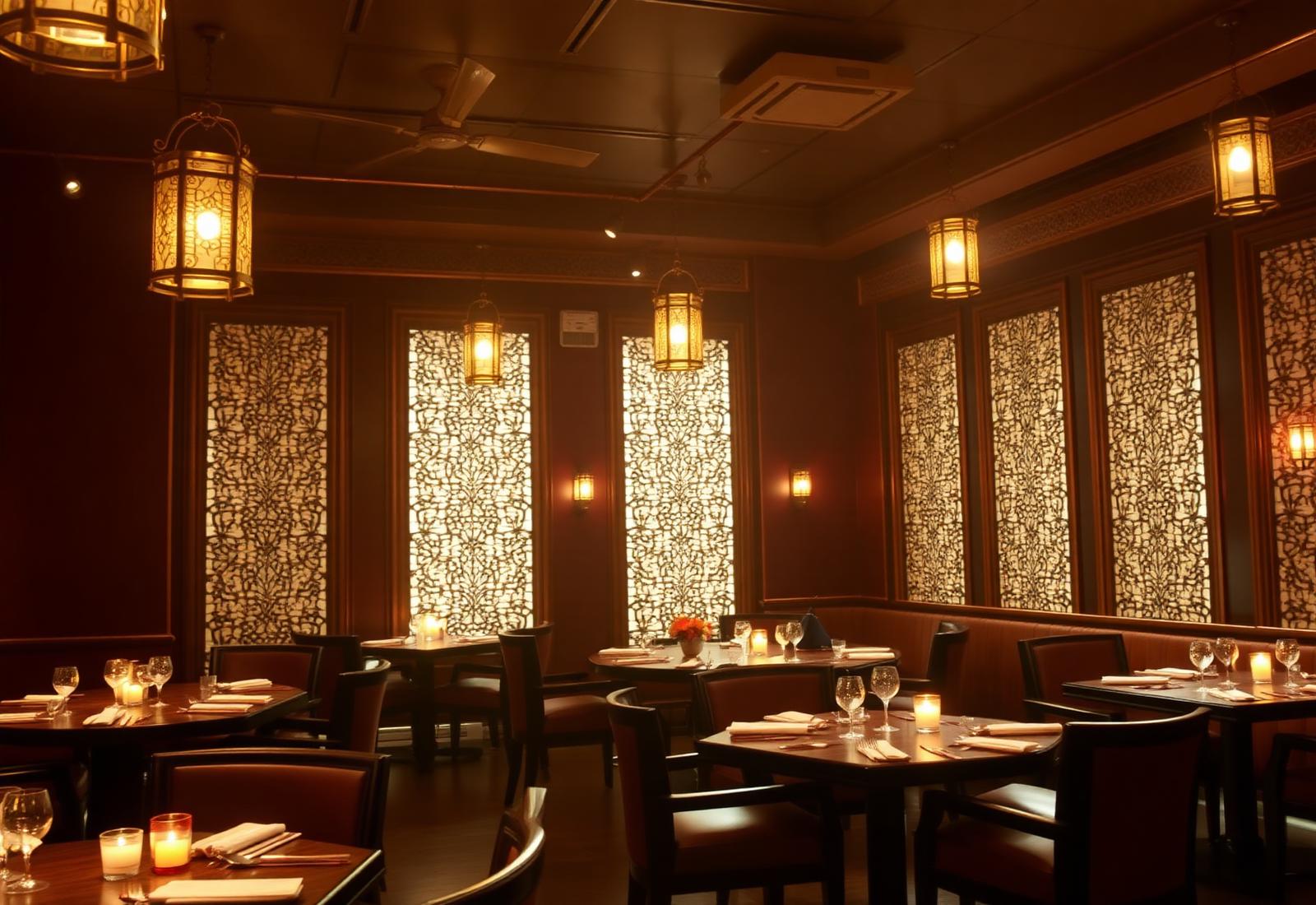 Vintage lanterns and garden seating at Maharaja Bistro & Cafe Lauderhill